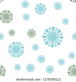 Light Blue, Green vector seamless template with ice snowflakes. Snow on blurred abstract background with gradient. Pattern for trendy fabric, wallpapers.