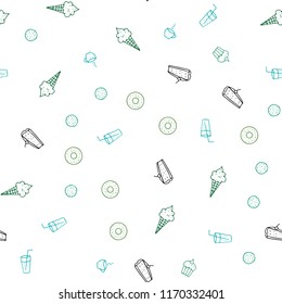 Light Blue, Green vector seamless layout with restaurant food. Fast Food on blurred abstract background with colorful gradient. Doodle design for your business advert of cafes.