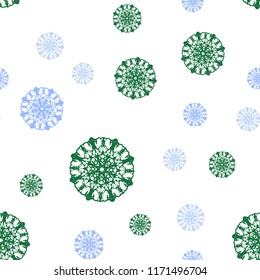 Light Blue, Green vector seamless cover with beautiful snowflakes. Shining colored illustration with snow in christmas style. Trendy design for wallpaper, fabric makers.