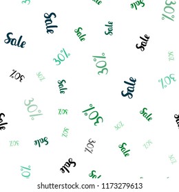 Light Blue, Green vector seamless texture with selling prices 30%. Colored words of sales with gradient on white background. Backdrop for mega promotions, discounts.