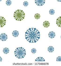 Light Blue, Green vector seamless pattern with christmas snowflakes. Shining colored illustration with snow in christmas style. Pattern for design of fabric, wallpapers.