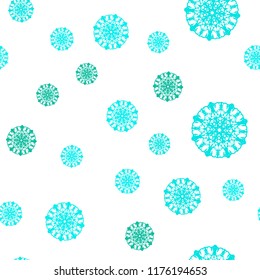 Light Blue, Green vector seamless texture with colored snowflakes. Snow on blurred abstract background with gradient. Design for textile, fabric, wallpapers.