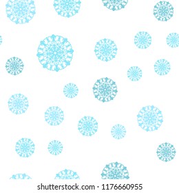 Light Blue, Green vector seamless cover with beautiful snowflakes. Snow on blurred abstract background with gradient. Trendy design for wallpaper, fabric makers.