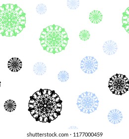 Light Blue, Green vector seamless pattern with christmas snowflakes. Decorative shining illustration with snow on abstract template. Template for business cards, websites.