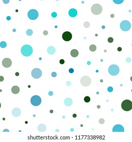 Light Blue, Green vector seamless backdrop with dots. Glitter abstract illustration with blurred drops of rain. Template for business cards, websites.