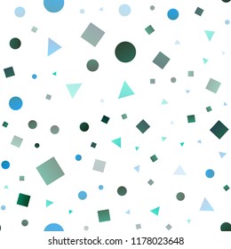 Light Blue, Green vector seamless backdrop with  circles, rhombus. Decorative design in abstract style with lines, dots, cubes. Template for business cards, websites.