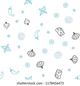 Light Blue, Green vector seamless texture with delicious snacks. Glitter abstract sketch with gourmet food. Doodle design for your business advert of cafes.