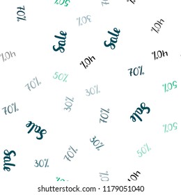 Light Blue, Green vector seamless background with 30, 40, 50, 70 % signs of sales. Colored words of sales with gradient on white background. Pattern for ads, posters, banners of sales.
