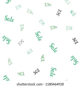 Light Blue, Green vector seamless texture with selling prices 30, 40, 50, 70 %. Gradient illustration with discount signs on white backdrop. Backdrop for mega promotions, discounts.