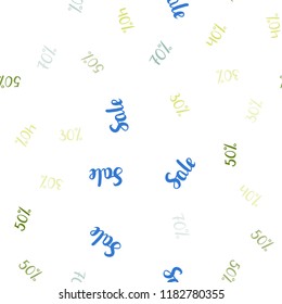Light Blue, Green vector seamless pattern with 30, 40, 50 percentage signs. Illustration with signs of sales on abstract template. Pattern for ads, posters, banners of sales.