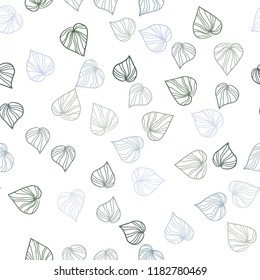 Light Blue, Green vector seamless doodle background with leaves. Blurred decorative design in Indian style with leaves. Template for business cards, websites.