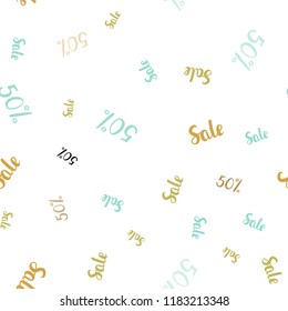 Light Blue, Green vector seamless template with 50% selling. Colored words of sales with gradient on white background. Backdrop for mega promotions, discounts.