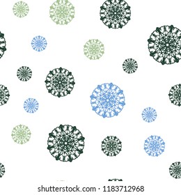 Light Blue, Green vector seamless layout with bright snowflakes. Blurred decorative design in xmas style with snow. Pattern for trendy fabric, wallpapers.