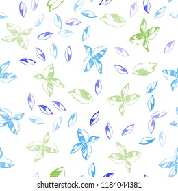 Light Blue, Green vector seamless elegant template with leaves. Sketchy doodles with leaves on blurred background. Pattern for design of window blinds, curtains.