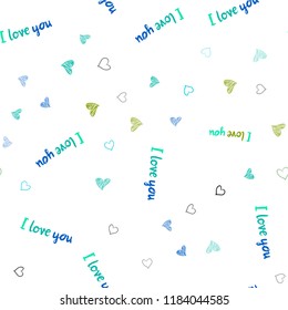 Light Blue, Green vector seamless background with hearts. Blurred decorative design in doodle style with hearts. Pattern for carnival, festival romantic leaflets.