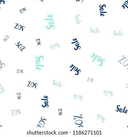 Light Blue, Green vector seamless texture with selling prices 30%. Colored words of sales with gradient on white background. Pattern for ads, posters, banners of sales.