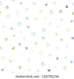 Light Blue, Green vector seamless pattern with colorful hearts. Glitter abstract illustration with colorful hearts in romantic style. Template for Valentine's greeting postcards.
