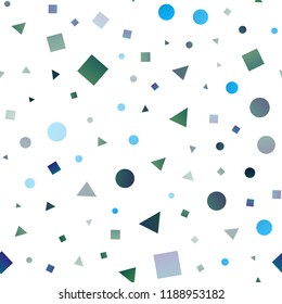 Light Blue, Green vector seamless template with crystals, circles, squares. Illustration with set of colorful circles, triangles, squares. Pattern for design of window blinds, curtains.