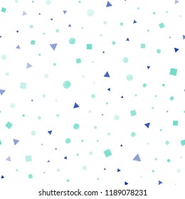 Light Blue, Green vector seamless pattern with polygonal style with circles. Glitter abstract illustration with spheres, squares, lines. Pattern for design of window blinds, curtains.