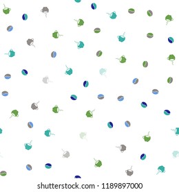 Light Blue, Green vector seamless template with cups of coffee, beans. Colorful illustration with gradient coffee beans, mugs. Doodle design for your business advert of cafes.