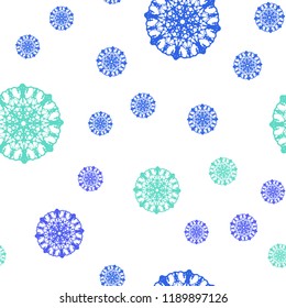 Light Blue, Green vector seamless pattern with christmas snowflakes. Snow on blurred abstract background with gradient. Trendy design for wallpaper, fabric makers.