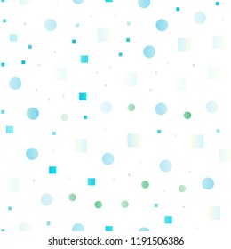Light Blue, Green vector seamless pattern with spheres, squares. Decorative design in abstract style with circles, rectangles. Pattern for design of fabric, wallpapers.