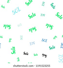 Light Blue, Green vector seamless template with 50% selling. Illustration with signs of sales on abstract template. Pattern for ads, posters, banners of sales.
