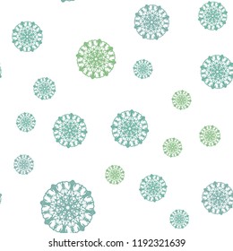 Light Blue, Green vector seamless cover with beautiful snowflakes. Snow on blurred abstract background with gradient. Design for textile, fabric, wallpapers.