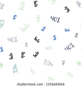 Light Blue, Green vector seamless texture with selling prices 40 %. Gradient illustration with discount signs on white backdrop. Pattern for ads, posters, banners of sales.