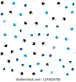 Light Blue, Green vector seamless cover with set of coffee beans. Gradient illustration with coffee beans, tea cups. Pattern for menu of cafes and restaurants.