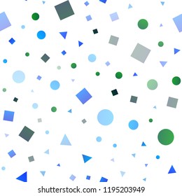 Light Blue, Green vector seamless template with crystals, circles, squares. Abstract gradient illustration with circles, triangles, cubes. Pattern for design of window blinds, curtains.