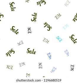 Light Blue, Green vector seamless texture with selling prices 30, 40, 50 %. Gradient illustration with discount signs on white backdrop. Backdrop for super sales on Black Friday.
