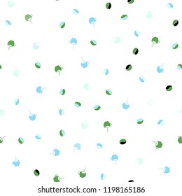 Light Blue, Green vector seamless cover with set of coffee beans. Gradient abstract collection of coffee cups and beans. Pattern for menu of cafes and restaurants.