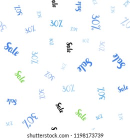 Light Blue, Green vector seamless cover with symbols of 30 % sales. Shining colorful illustration with isolated selling prices. Template for season sales, shopping ads.