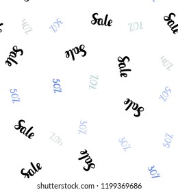 Light Blue, Green vector seamless pattern with 30, 40, 50 percentage signs. Colored words of sales with gradient on white background. Backdrop for mega promotions, discounts.