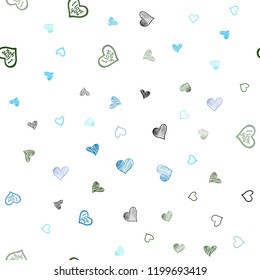 Light Blue, Green vector seamless template with doodle hearts. Glitter abstract illustration with colorful hearts in romantic style. Template for Valentine's greeting postcards.