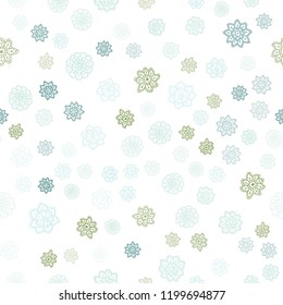 Light Blue, Green vector seamless template with ice snowflakes. Snow on blurred abstract background with gradient. Trendy design for wallpaper, fabric makers.