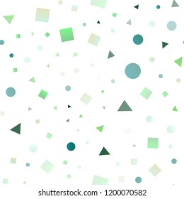 Light Blue, Green vector seamless template with crystals, circles, squares. Decorative design in abstract style with lines, dots, cubes. Pattern for design of window blinds, curtains.