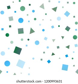 Light Blue, Green vector seamless cover in polygonal style with circles. Illustration with set of colorful circles, triangles, squares. Pattern for design of window blinds, curtains.