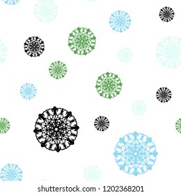 Light Blue, Green vector seamless texture with colored snowflakes. Decorative shining illustration with snow on abstract template. Pattern for design of window blinds, curtains.