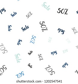 Light Blue, Green vector seamless cover with symbols of 50 % sales. Colored words of sales with gradient on white background. Backdrop for mega promotions, discounts.