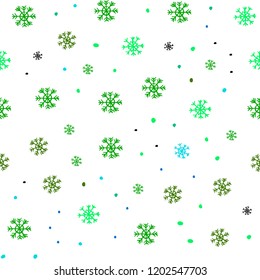 Light Blue, Green vector seamless template with ice snowflakes. Shining colorful illustration with snow on abstract template. Pattern for trendy fabric, wallpapers.