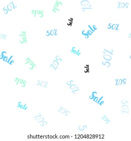Light Blue, Green vector seamless pattern with 50 percentage signs. Colored words of sales with gradient on white background. Backdrop for mega promotions, discounts.