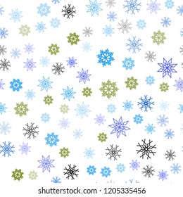 Light Blue, Green vector seamless layout with bright snowflakes. Shining colored illustration with snow in christmas style. Pattern for trendy fabric, wallpapers.