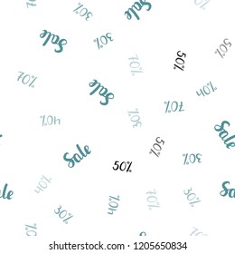 Light Blue, Green vector seamless cover with symbols of 30, 40, 50 % sales. Shining colorful illustration with isolated selling prices. Backdrop for mega promotions, discounts.