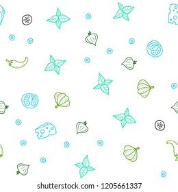 Light Blue, Green vector seamless pattern with fresh ingredients. Illustration with set of fresh food in doodle style. Template for meal cooking in kitchen.
