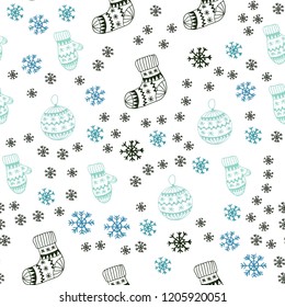 Light Blue, Green vector seamless layout with bright snowflakes, balls, socks, mittens. Colorful decorative design in xmas style. Pattern for trendy fabric, wallpapers.