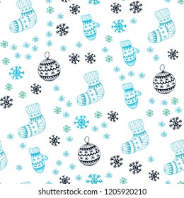 Light Blue, Green vector seamless texture with colored snowflakes, balls, socks, mittens. Colorful xmas elements with gradient. Pattern for trendy fabric, wallpapers.