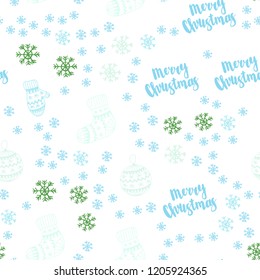 Light Blue, Green vector seamless layout with bright snowflakes, balls, socks, mittens. Colorful decorative design in xmas style. Design for wallpaper, fabric makers.