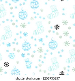 Light Blue, Green vector seamless pattern with christmas snowflakes, balls, socks, mittens. Modern geometric abstract illustration. Design for textile, fabric, wallpapers.